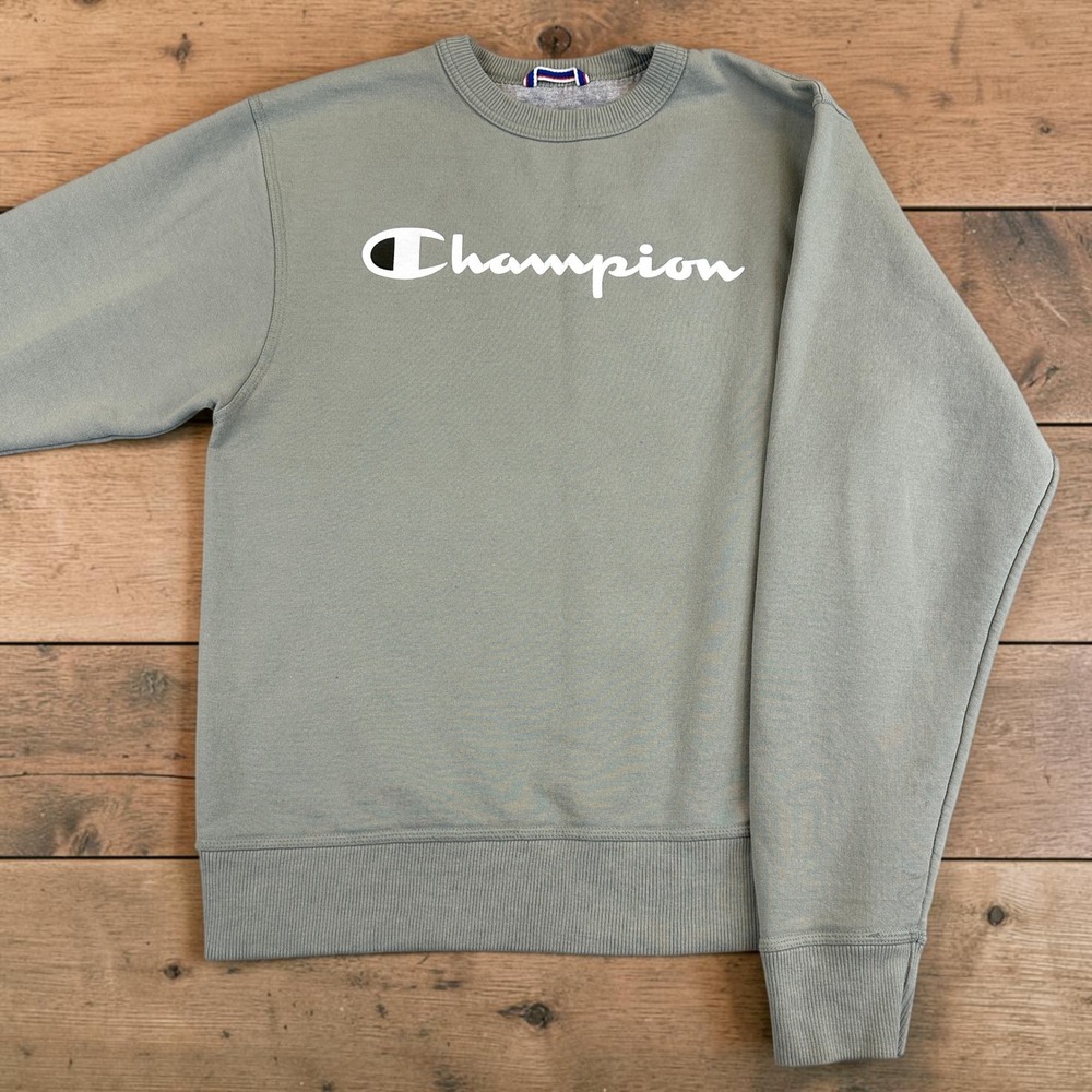 Champion Sweatshirt Mens S Green Script Logo Crewneck Fleece Pullover Athletic